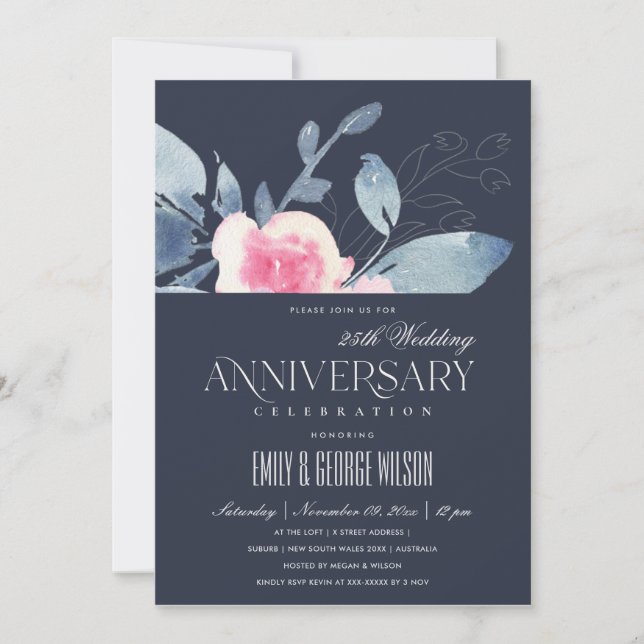 NAVY RODNAD BLÅ BLOMSTER 25-ÅRSJUBILEUM INBJUDNINGAR (Framsida)