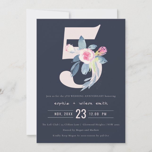 NAVY RODNAD BLÅ BLOMSTRET 5-ÅRSJUBILEUM INBJUDNINGAR (Framsida)