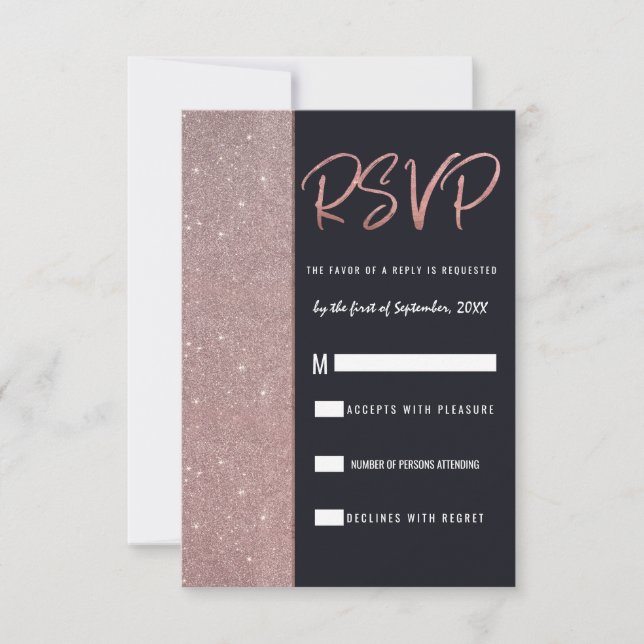 Navy Ros Guld Glitter Färgblock RSVP Inbjudningar (Framsida)