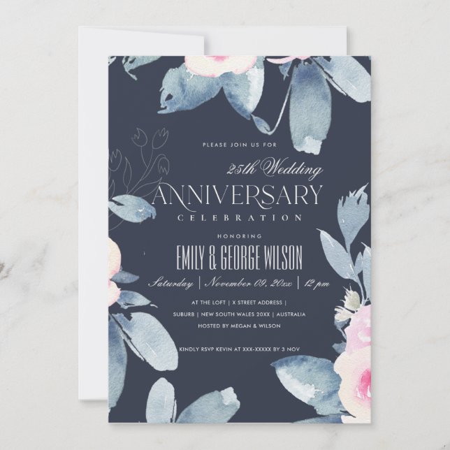 NAVY ROSA BLÅ BLOMSTER 25-ÅRSJUBILEUM INBJUDNINGAR (Framsida)