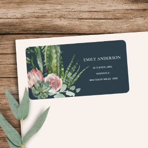 NAVY ROSA BLOMMIGT CACTI FOLIAGE WATERCOLOR ADRESS ADRESSETIKETT