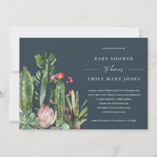 NAVY ROSA BLOMMIGT DESERT CACTI FAUNA BABY SHOWER INBJUDNINGAR