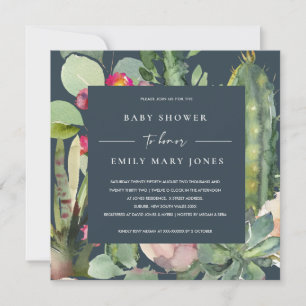 NAVY ROSA BLOMMIGT DESERT CACTI FOLIAGE BABY SHOWE INBJUDNINGAR