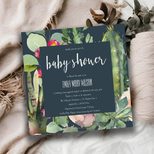 NAVY ROSA BLOMMOR ÖKENKAKTUS LÖVVERK BABYSHOWER INBJUDNINGAR