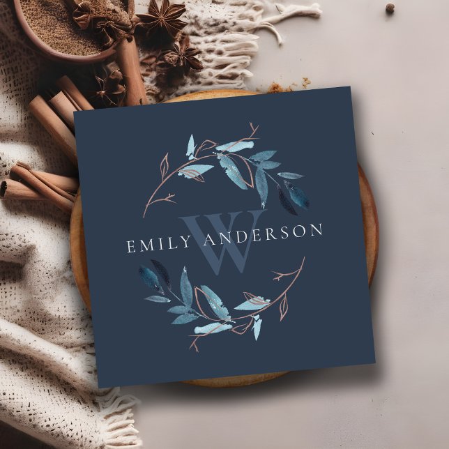 NAVY ROSA BLUE FOLIAGE INITIAL WREATH PROFESSIONEL FYRKANTIGT VISITKORT (Skapare uppladdad)