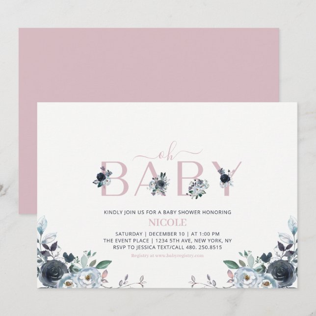 Navy & Rosa Boho Blommig Bebis Baby Shower Inbjudningar (Fram/baksida)