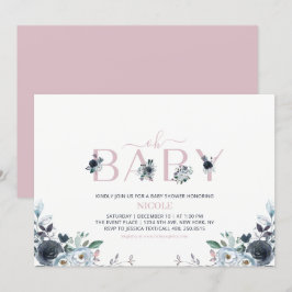 Navy & Rosa Boho Blommig Bebis Baby Shower Inbjudningar