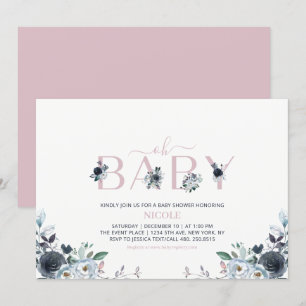 Navy & Rosa Boho Blommig Bebis Baby Shower Inbjudningar