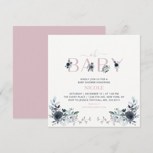 Navy & Rosa Boho Blommig Flickbabyfest Fyrkantig Inbjudningar (Fram/baksida)