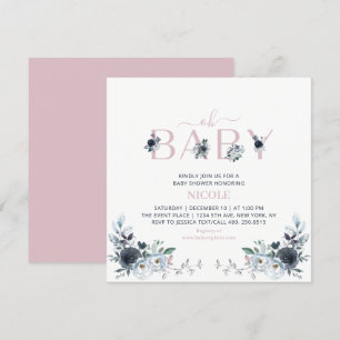 Navy & Rosa Boho Blommig Flickbabyfest Fyrkantig Inbjudningar