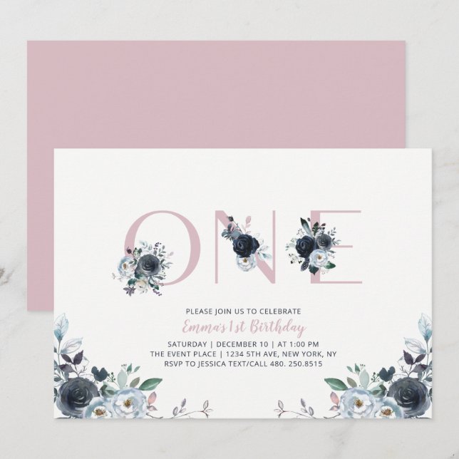 Navy & Rosa Boho Blommig Tjej 1-års Födelsedagsfes Inbjudningar (Fram/baksida)