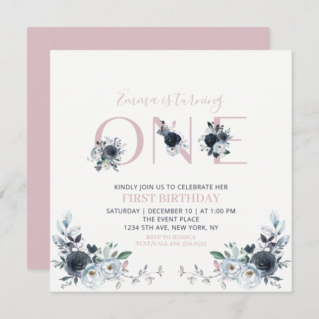 Navy & Rosa Boho Blommigt Girl 1:a Birthday Square Inbjudningar (Fram/baksida)