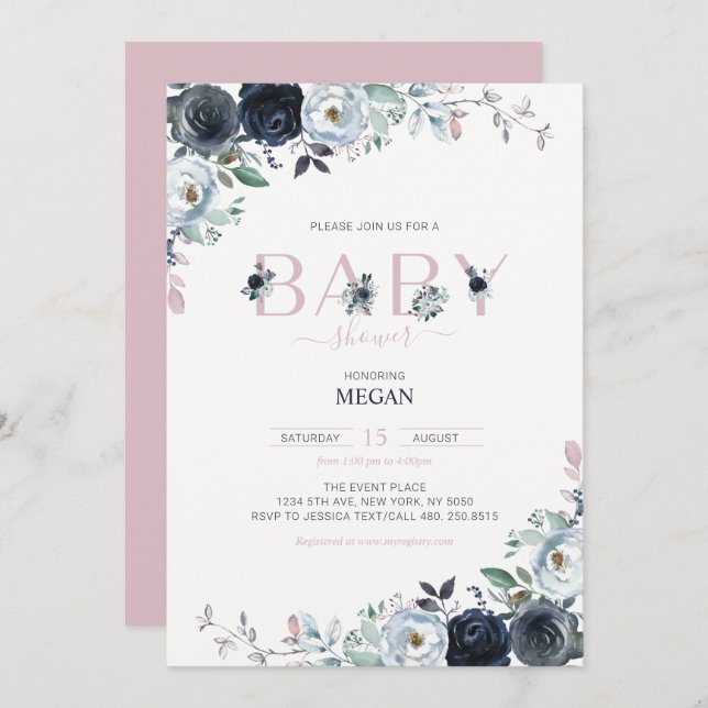 Navy & Rosa Boho Blommigt Girl Baby Shower Inbjudningar (Fram/baksida)