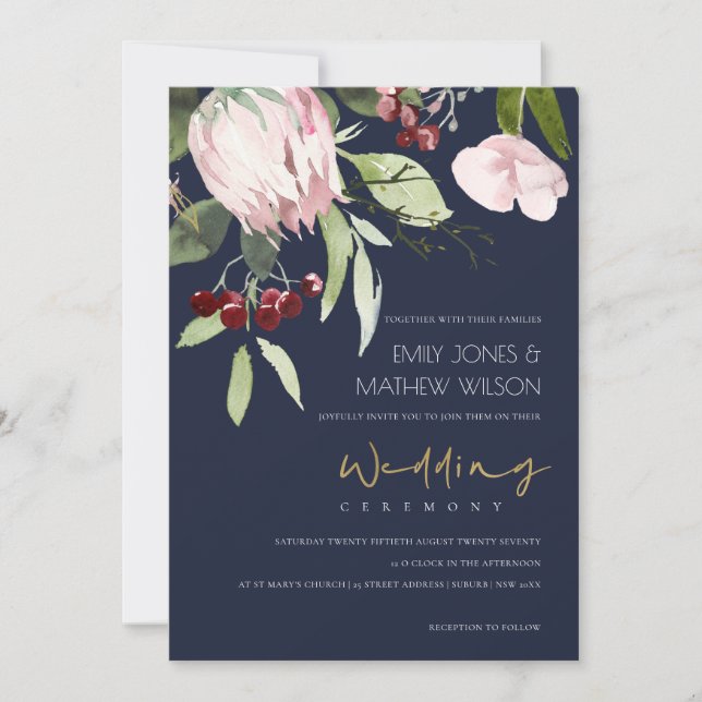 NAVY  ROSA BURGUNDY PROTEA BLOMMIGT BRÖLLOP INBJUDNINGAR (Framsida)