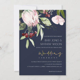 NAVY ROSA BURGUNDY PROTEA BLOMMIGT BRÖLLOP INBJUDNINGAR