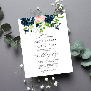Navy rosa elegant blomsterbudget bröllopsinbjudan