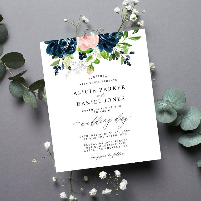 Navy rosa elegant blomsterbudget bröllopsinbjudan (Skapare uppladdad)