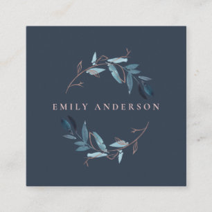 NAVY ROSA FOLIAGE WATERCOLOR WREATH PROFESSIONELL FYRKANTIGT VISITKORT
