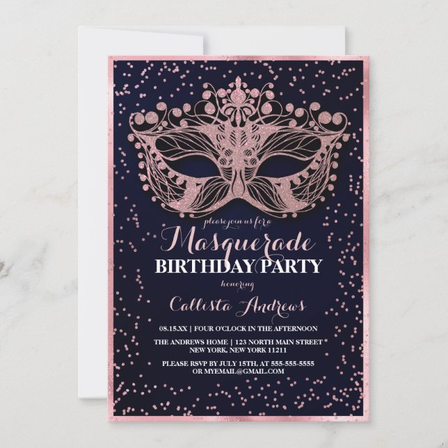 Navy Rosa Glitter Confetti Masquupperad Birthday Inbjudningar (Framsida)