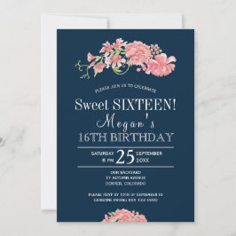 Navy rosa kindblommor chic blommig sweet sixteen inbjudningar