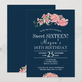 Navy rosa kindblommor chic blommig sweet sixteen inbjudningar