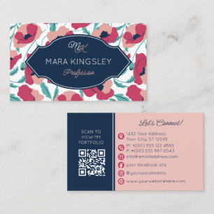 Navy Rosa Modernt Vallmopattern Monogram Visitkort