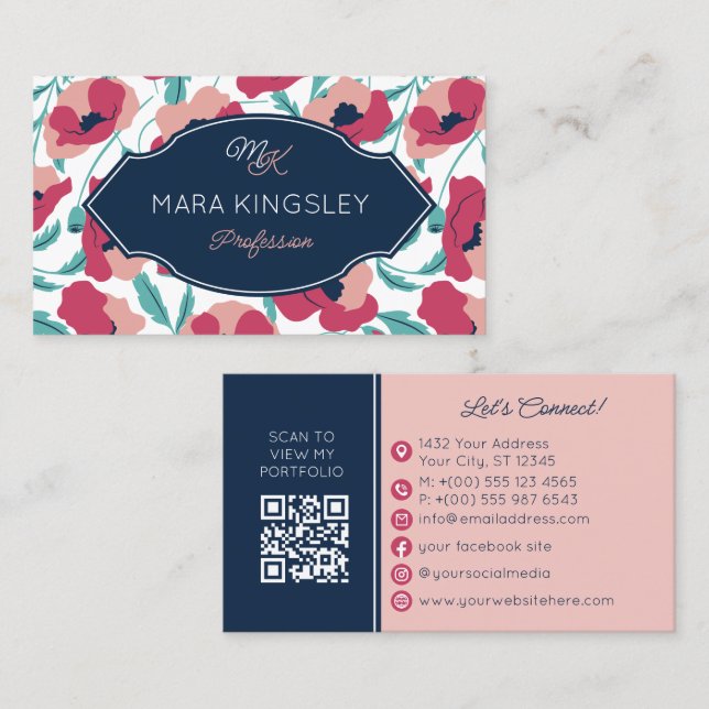 Navy Rosa Modernt Vallmopattern Monogram Visitkort (Fram/baksida)