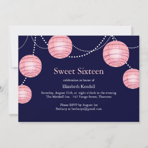 Navy & Rosa Party Lantern Sweet 16 Inbjudan