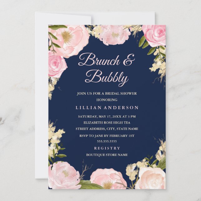Navy Rosa Ros Brunch och Bubbly Bröllopsfest Inbjudningar (Framsida)
