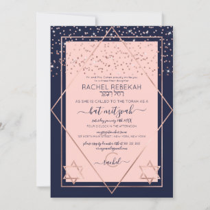 Navy Rosa Roséguld Konfetti Kant Bat Mitzvah Inbjudningar