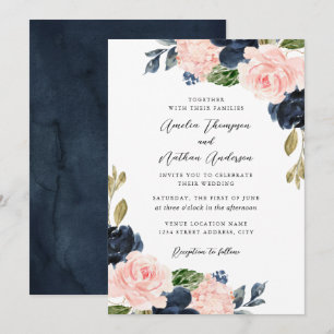Navy Rosa Rustika Botaniska Blommor Bröllop Inbjudningar