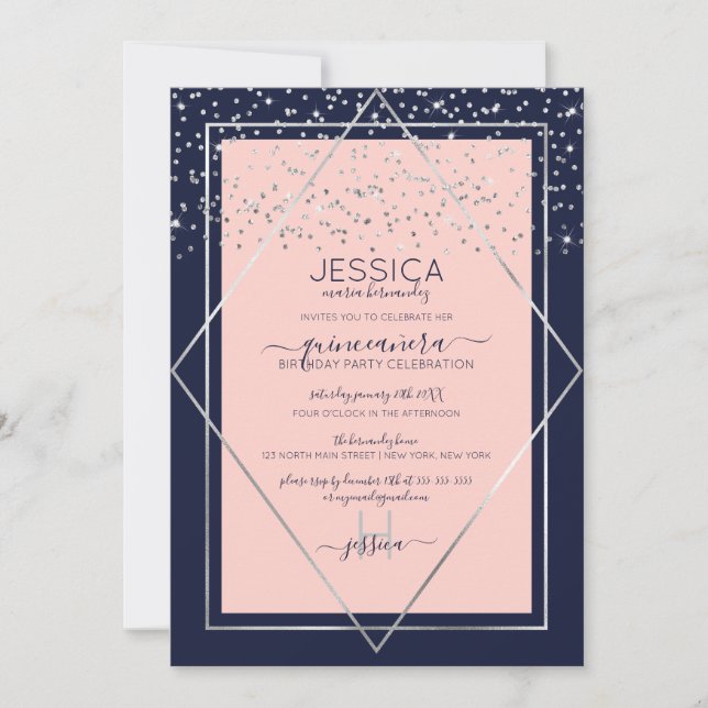 Navy Rosa Silver Konfetti Kant Quinceañera Inbjudningar (Framsida)