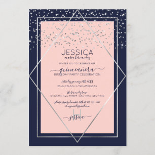 Navy Rosa Silver Konfetti Kant Quinceañera Inbjudningar