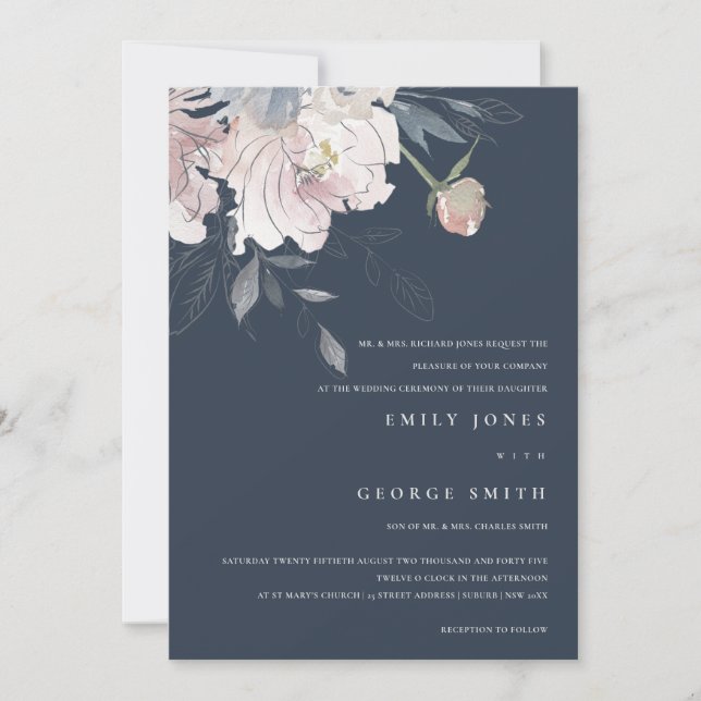 NAVY ROSA  WATERCOLOR BLOMMIGT WEDDING INVITE TACK KORT (Framsida)