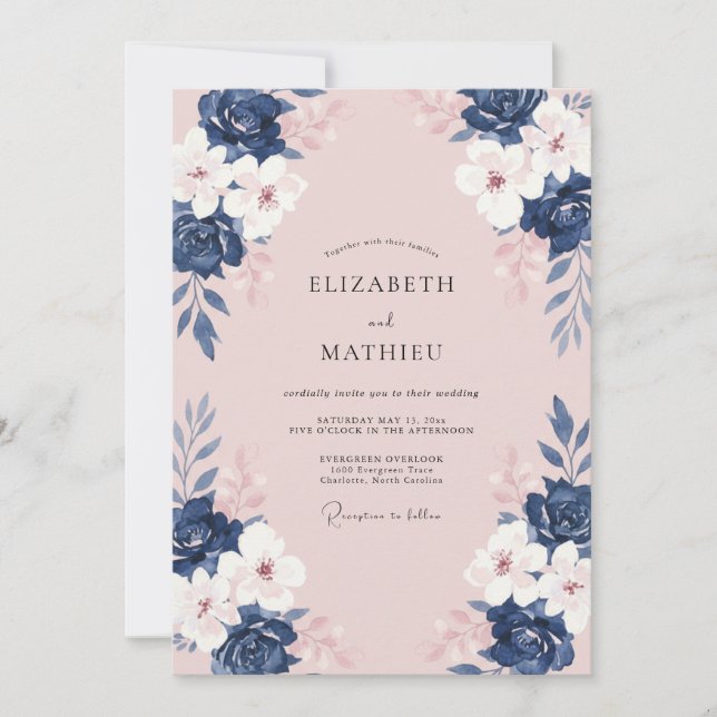 Navy Rose Blommig Akvarell Bröllop Inbjudningar (Framsida)