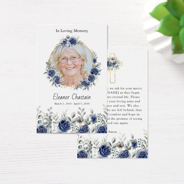 Navy Rose Floral Gold Photo Sympathy Prayer Cards Visitkort (Skivbord)