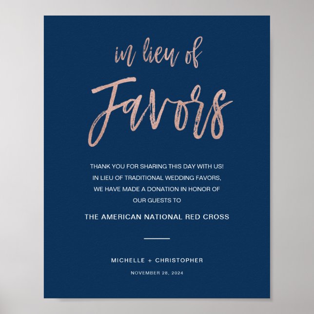 Navy & Rose Gold Bröllopsskylt för gåvor Poster (Framsidan)