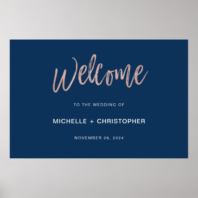 Navy & Rose Gold Glam Chic Bröllopsväxlingsskylt Poster (Framsidan)