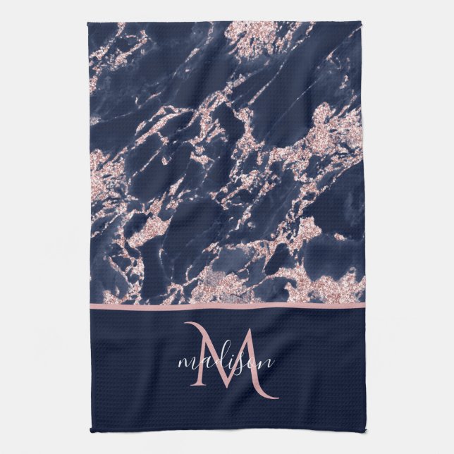 Navy & Rose Gold Marmor Monogram Elegant Lyx  Kökshandduk (Vertikal)
