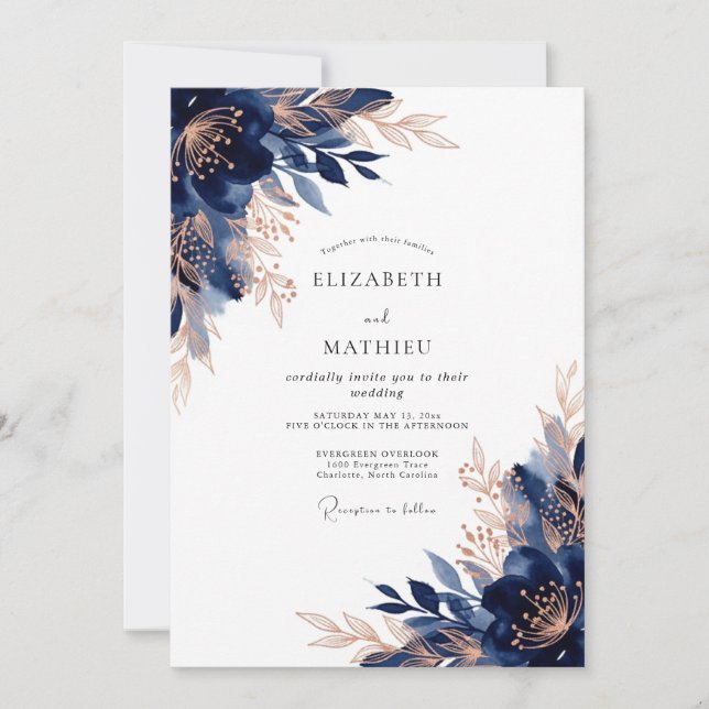 Navy Rose Gold Opulent Winter Wedding Inbjudningar (Framsida)