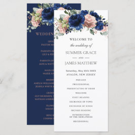 Navy Rose Guld Blommig Grönska Boho Bröllop Program