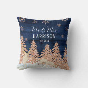 Navy Rose Guld Glitter Vinter Skog Herr och Fru Kudde