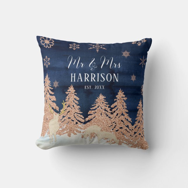 Navy Rose Guld Glitter Vinter Skog Herr och fru Kudde (Framsida)