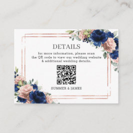 Navy Rose Guld Rouge Blommig Bröllopsdetaljer QR Tilläggskort