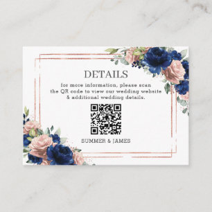 Navy Rose Guld Rouge Blommig Bröllopsdetaljer QR Tilläggskort