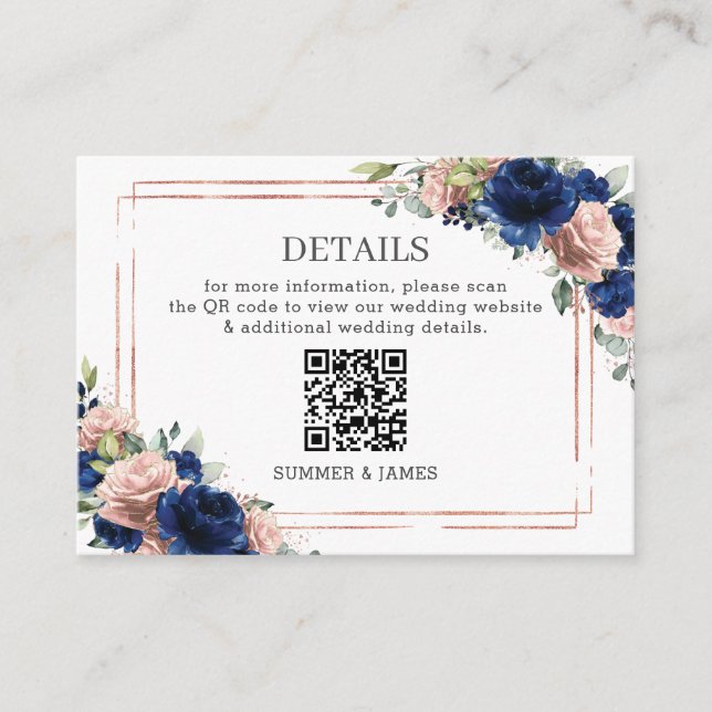 Navy Rose Guld Rouge Blommig Bröllopsdetaljer QR Tilläggskort (Framsida)