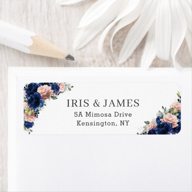 Navy Rose Guld Rouge Blommig Bröllopsreturadress Returadress Etikett (Insitu)