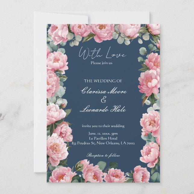 Navy Rosé Tonad Bröllopsinbjudan med Peony och Euc Inbjudningar (Framsida)