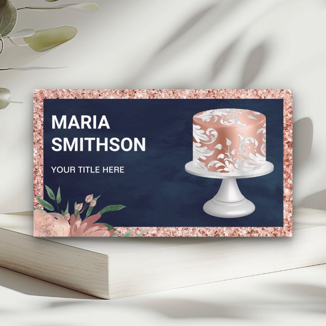 Navy Roséguld Glitter Rosa Ornamenterad Tårta Bage Visitkort (Skapare uppladdad)