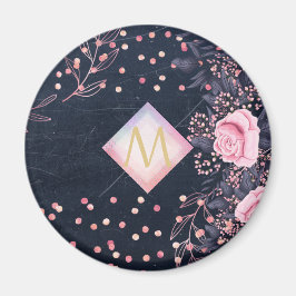 Navy Roséguld Monogrampresenter Rosa Blommig Flick Magnet